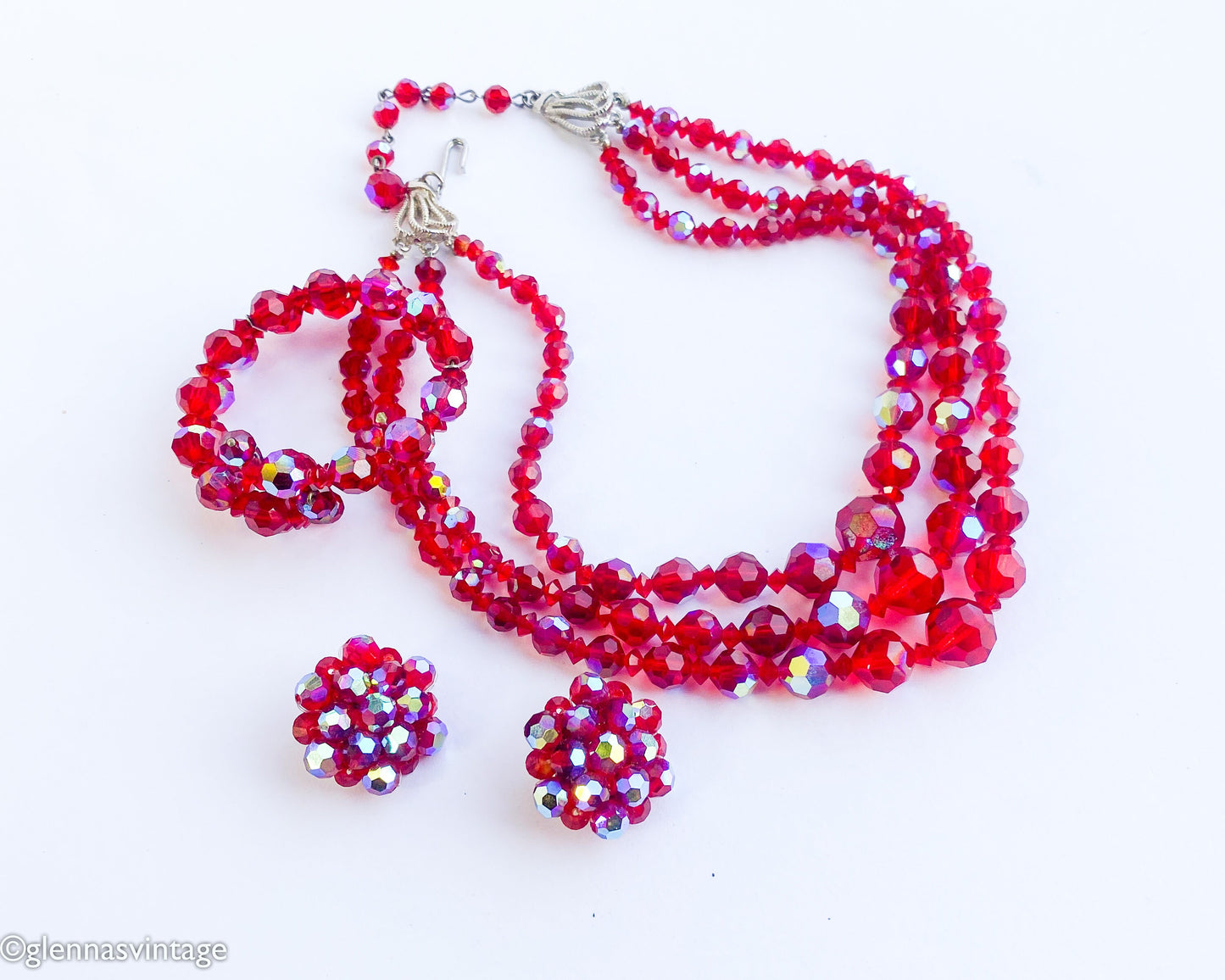 1950s Red Aurora Borealis Crystal Necklace Bracelet Earrings Set, Parure Jewelry set