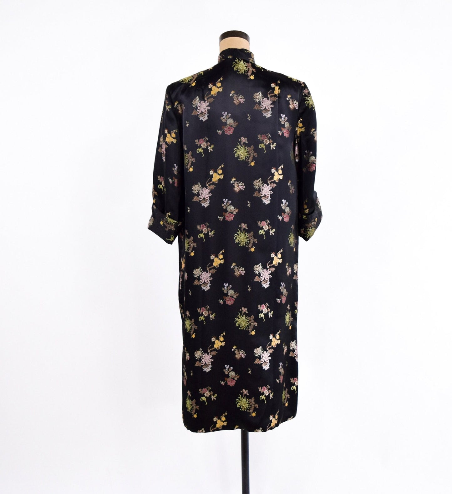 1950s Black Silk Asian Coat | 50s Black Floral Asian Coat | Peony | Medium