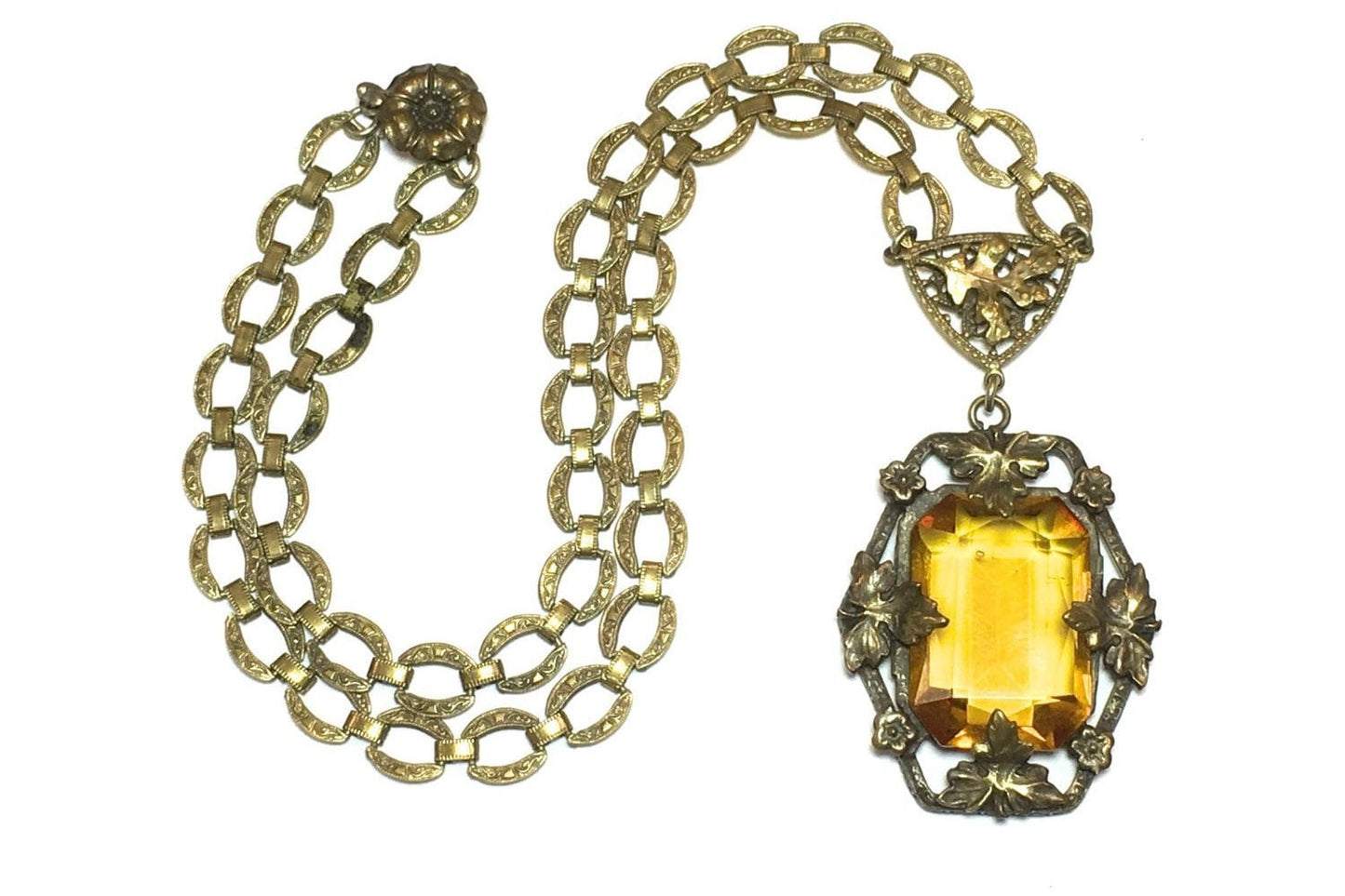 1930s Topaz Glass Filigree Pendant Necklace
