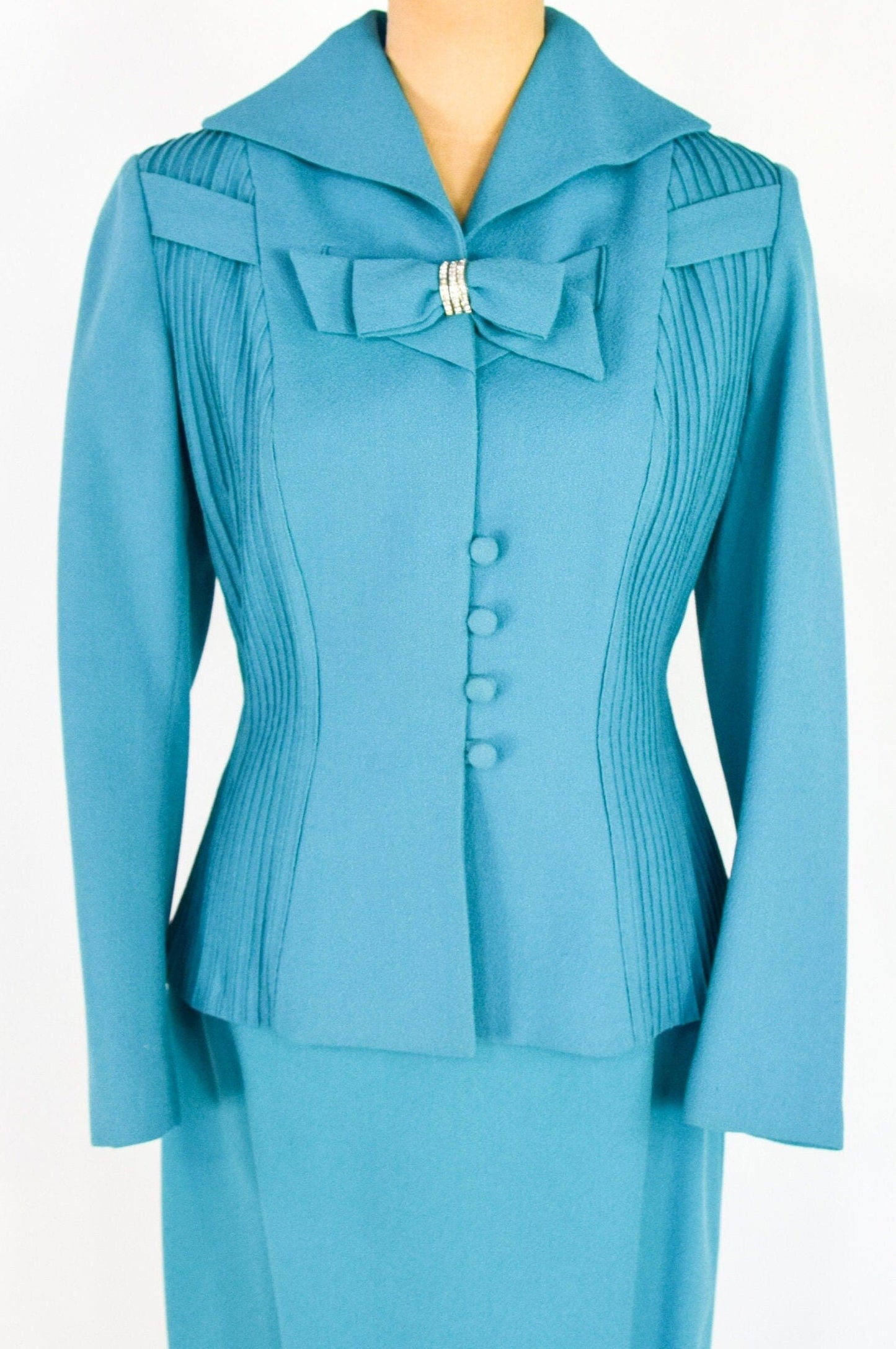 Lilli Ann | 1950s Blue Wool Crepe Suit | 50s Turquoise Blue Wool Crepe Suit | Lilli Ann | Medium