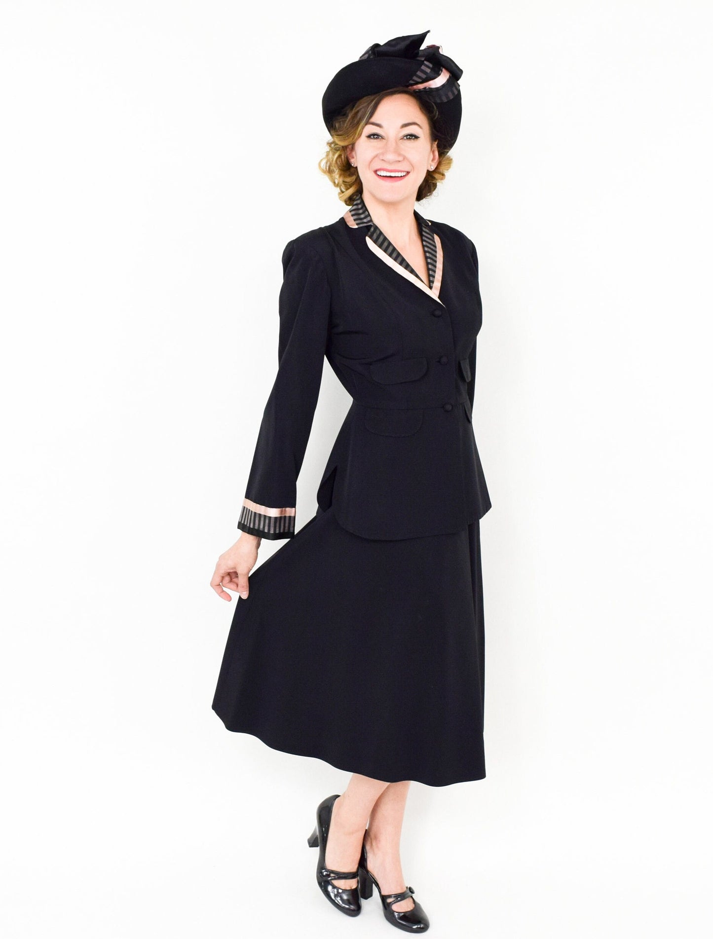Vintage 1940s Doris Dodson Black Faille Suit | Black Pink Jacket & Skirt, Medium