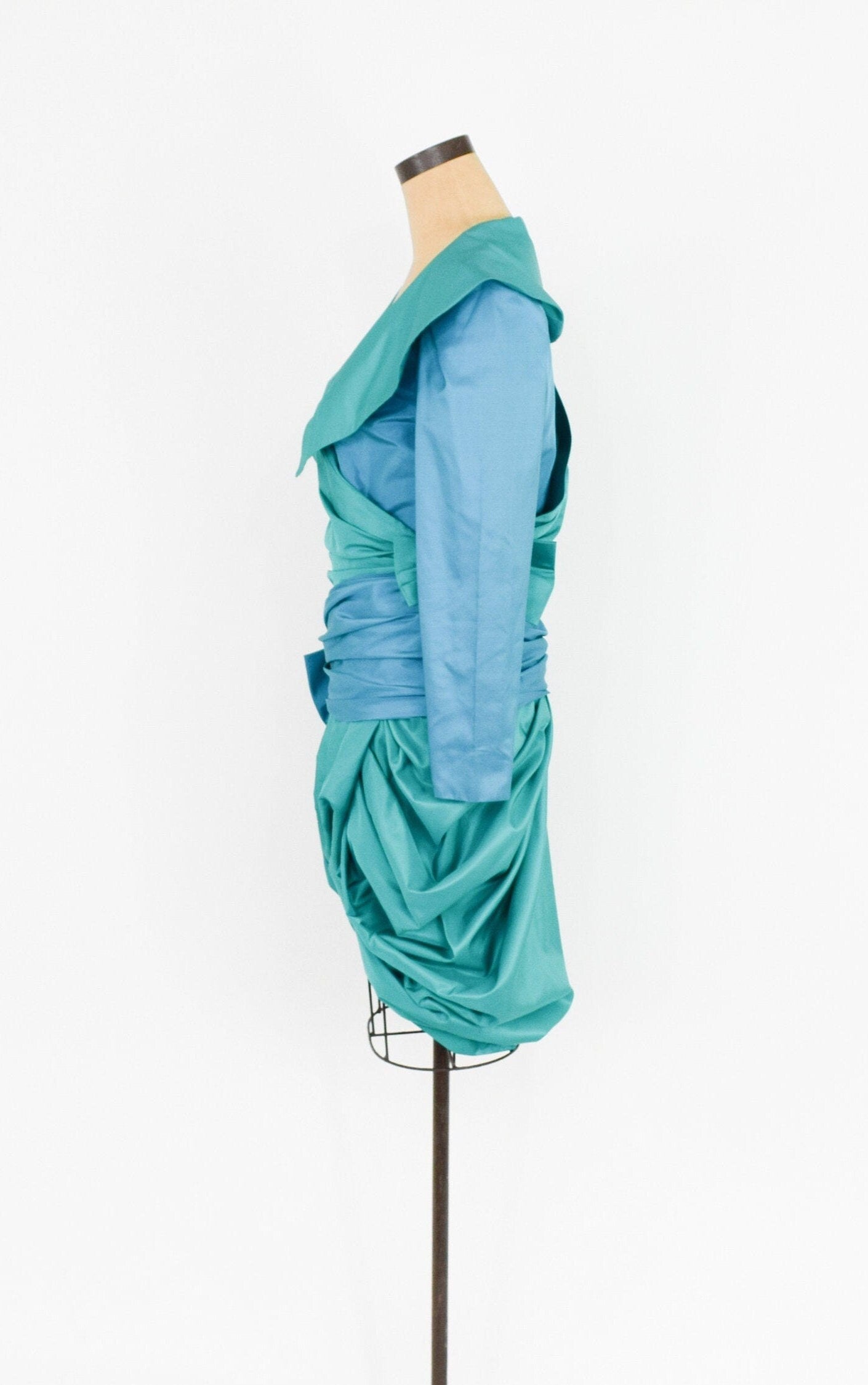 1990s Blue Silk Cocktail Dress | 90s Turquoise Blue Silk Taffeta Wrap Dress | Vera Casalino Paris | Medium