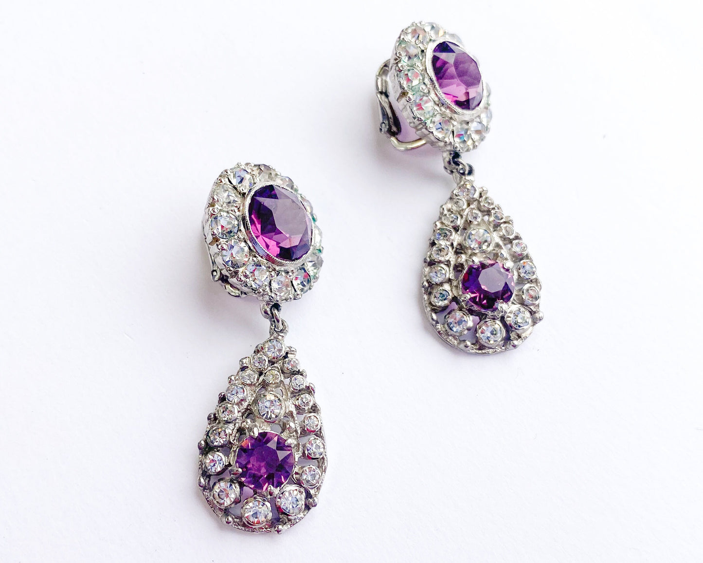 1960s Purple Rhinestone Dangle Earrings | 60s Purple & Rhinestone Drop Earrings