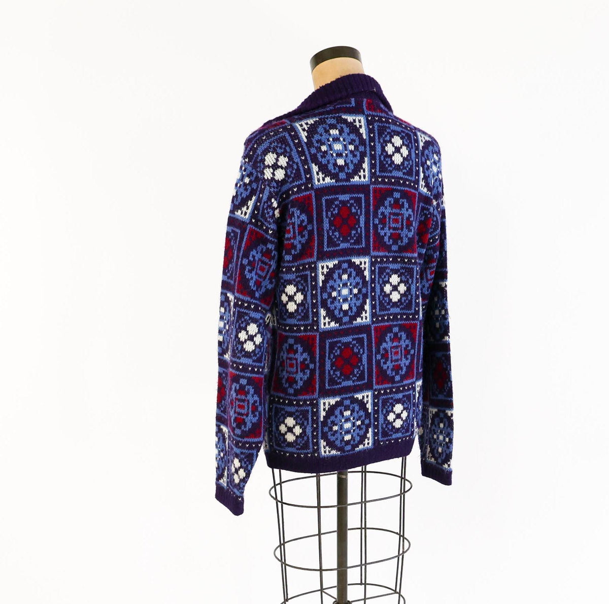 1960s Jantzen Nordic Cardigan Sweater Jacket, Blue & White Knit, Large
