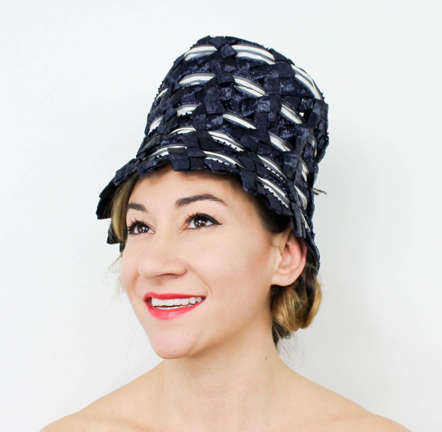 1960s Mr. John Jr. Navy Raffia High Crown Hat
