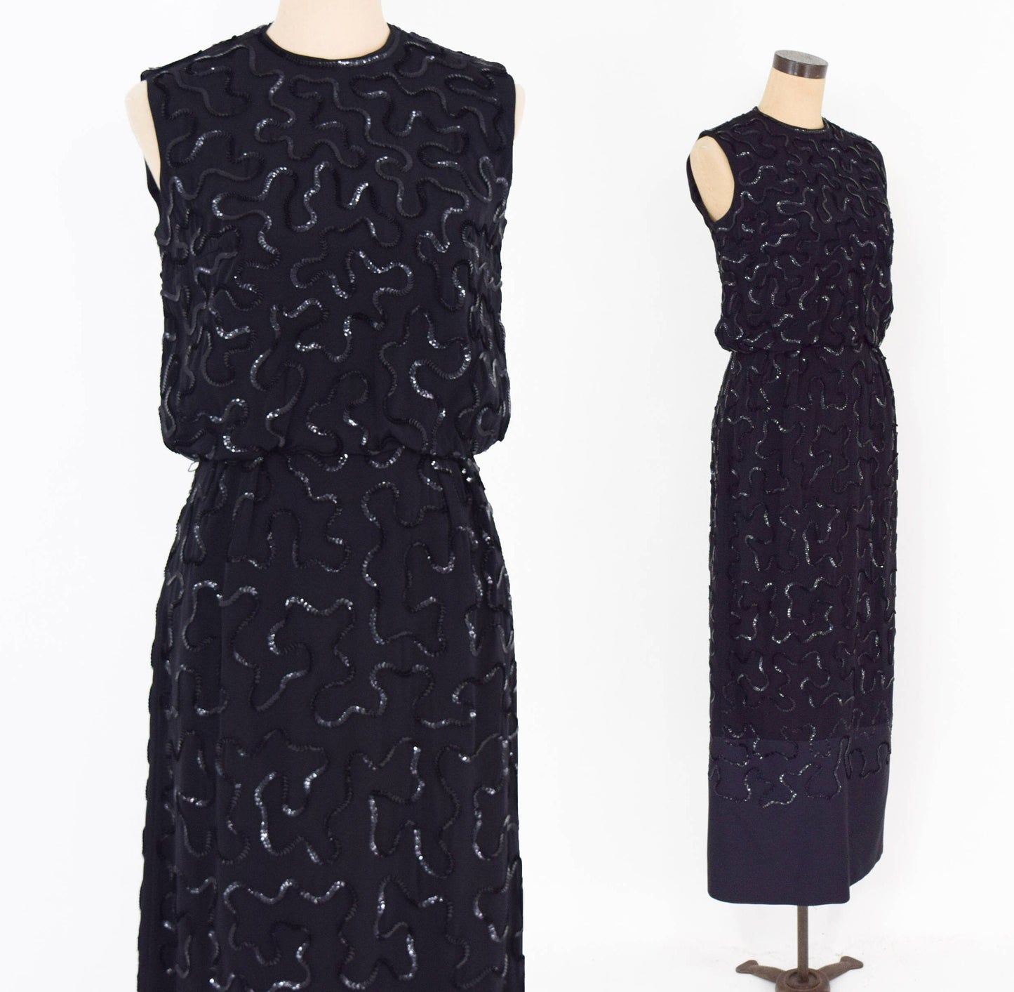1950s Black Sequin Evening Dress | 50s Black Sleeveless Sequin Formal Dress | Medium