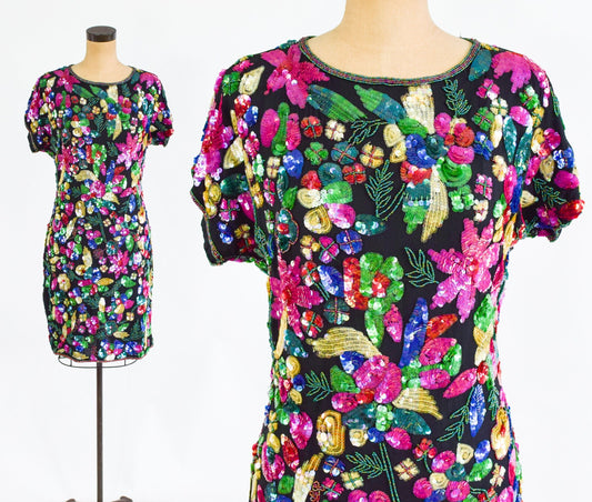 1980s Colorful Floral Sequin Party Dress, Small