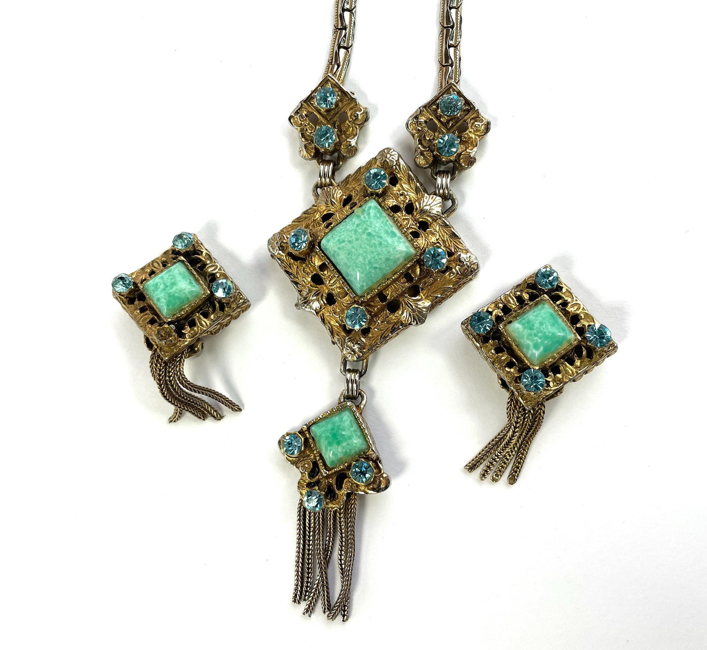1940s Baroque Jewelry Set, Turquoise Stone Pendant Necklace & Earrings Set