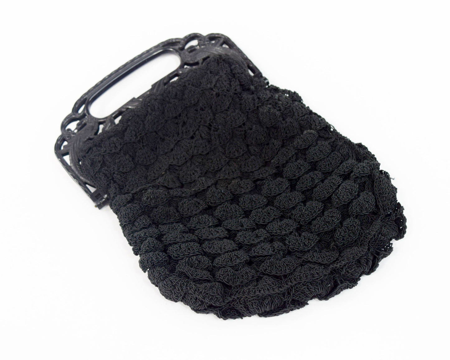1940s Black Crochet Purse | Black Evening Bag | Carved Plastic Handle