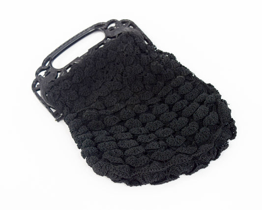 1940s Black Crochet Purse | Black Evening Bag | Carved Plastic Handle