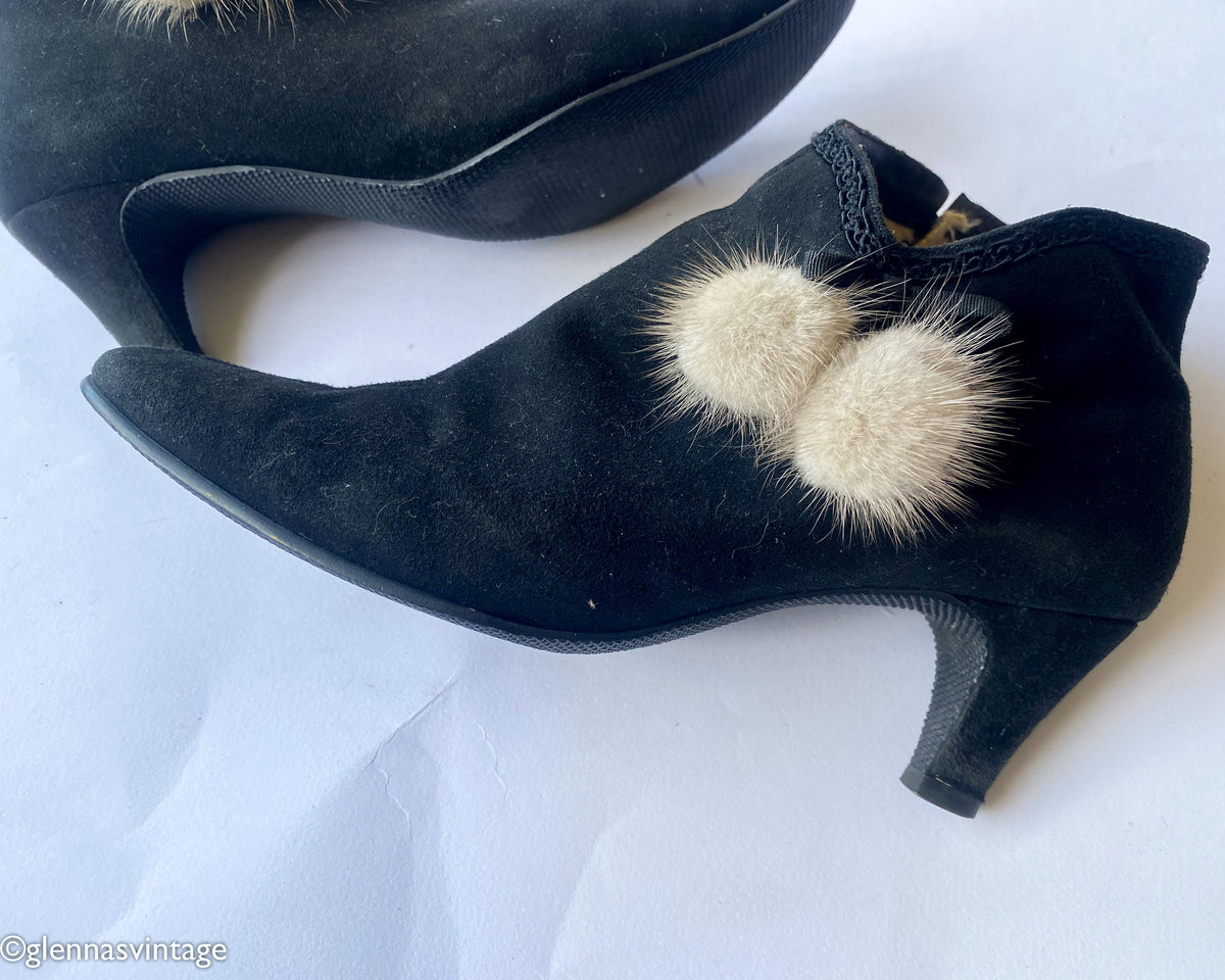 1950s Black Suede Booties with Mink Fur Pom Poms, Size 6