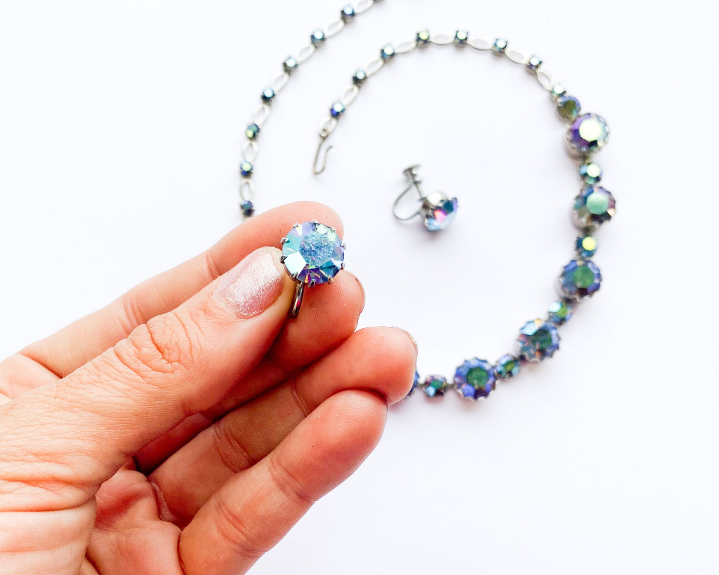 1950s AB Rhinestone Necklace & Earrings Set