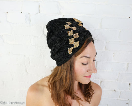 1940s Black & Gold Turban Hat