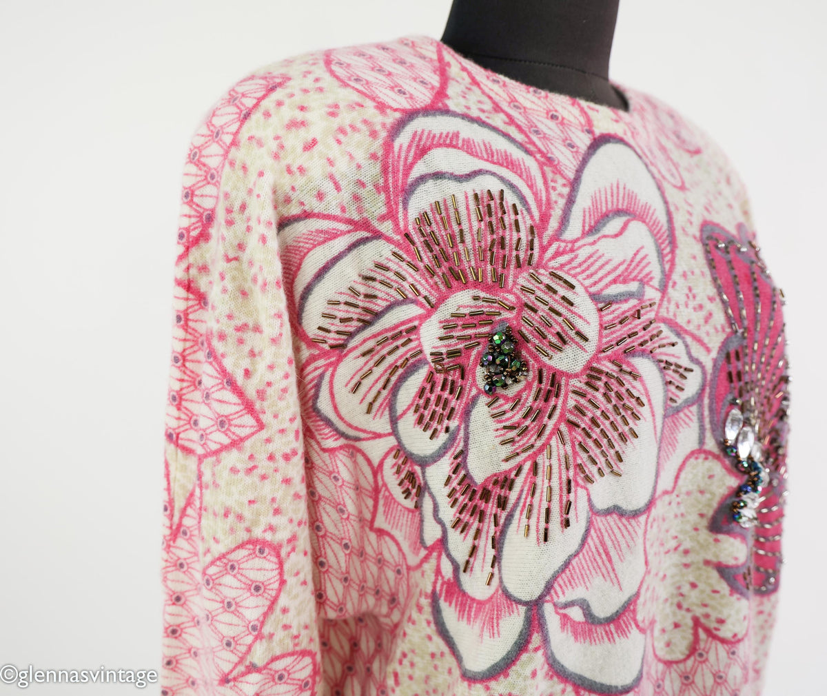 1980s Pink Flower Lambswool Sweater, Medium