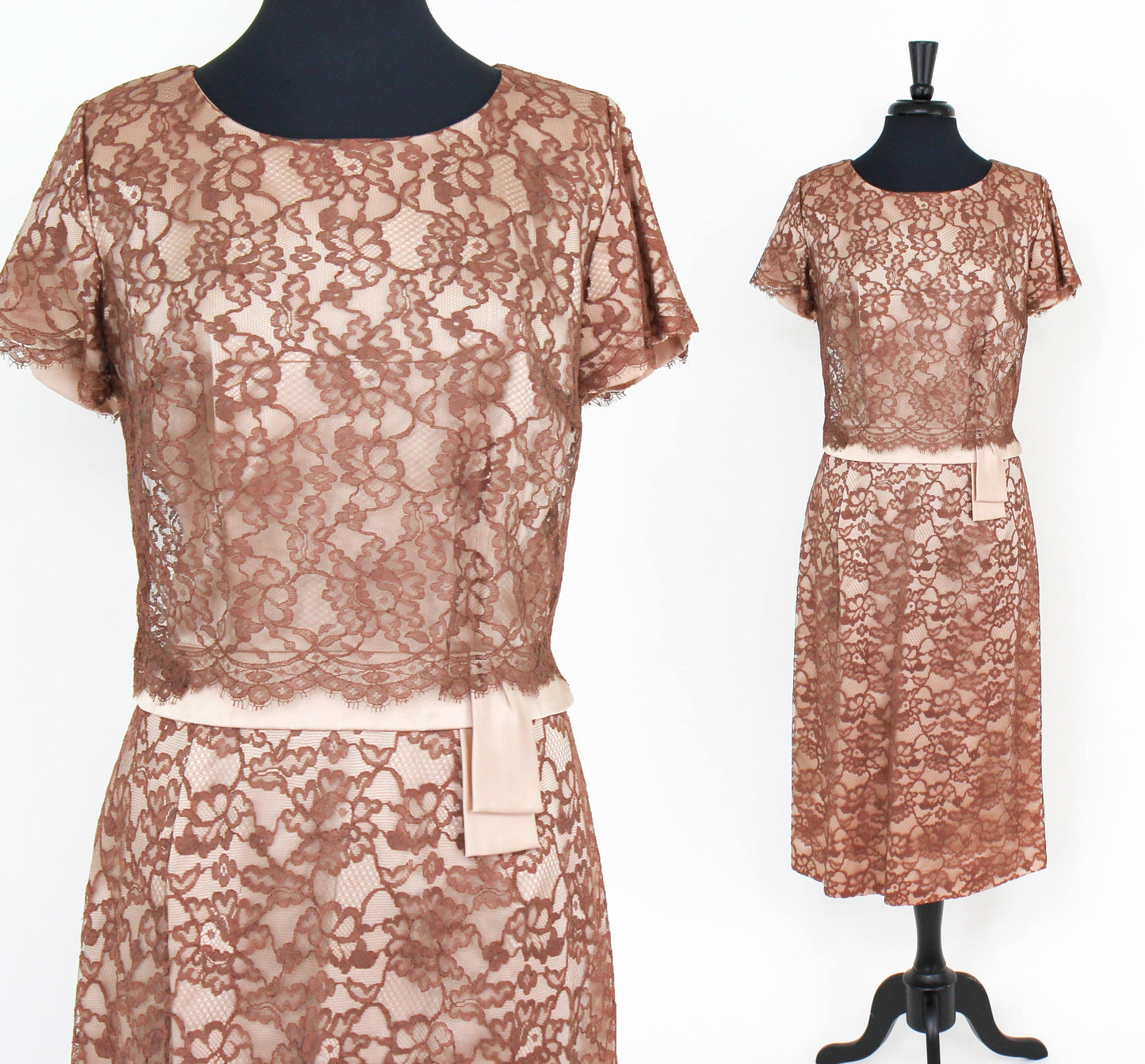1950s Brown Lace Evening Dress |  50s Brown Lace & Satin Cocktail Dress | A DuBarry Fashion | Large