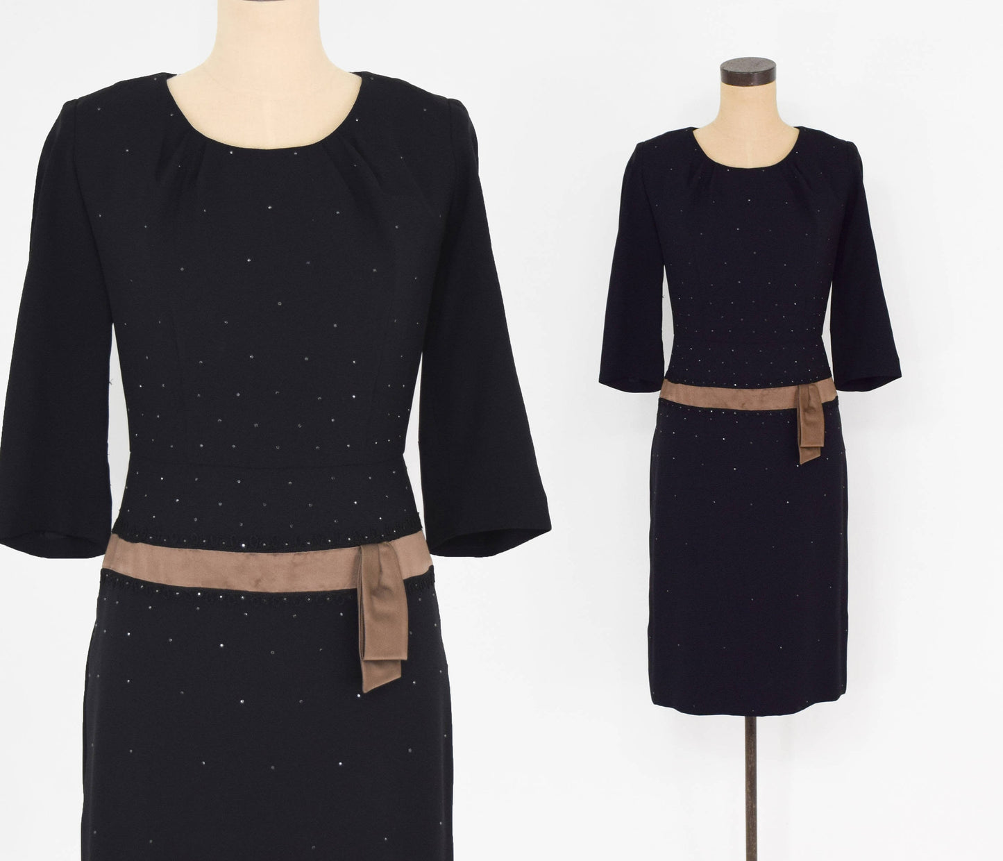 1950s Black & Bronze Crepe Cocktail Dress with Rhinestone Detail, Alan Peck, Medium