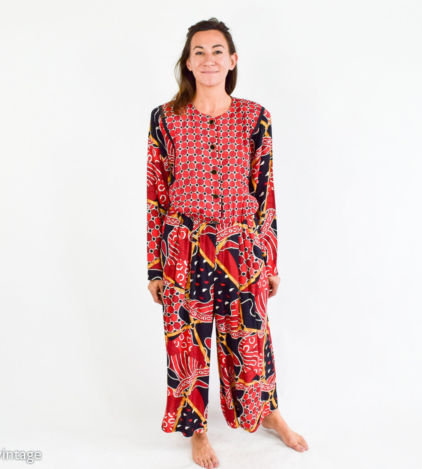1980s Red Print Wide Leg Jumpsuit, Large