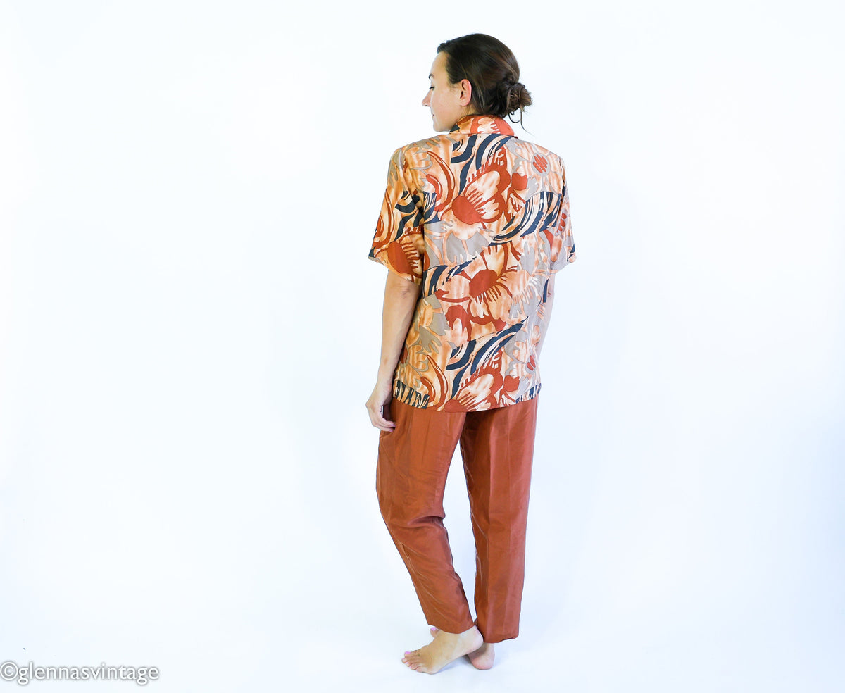 1980s Brown Tropical Print Silk Top Pant Set, Medium