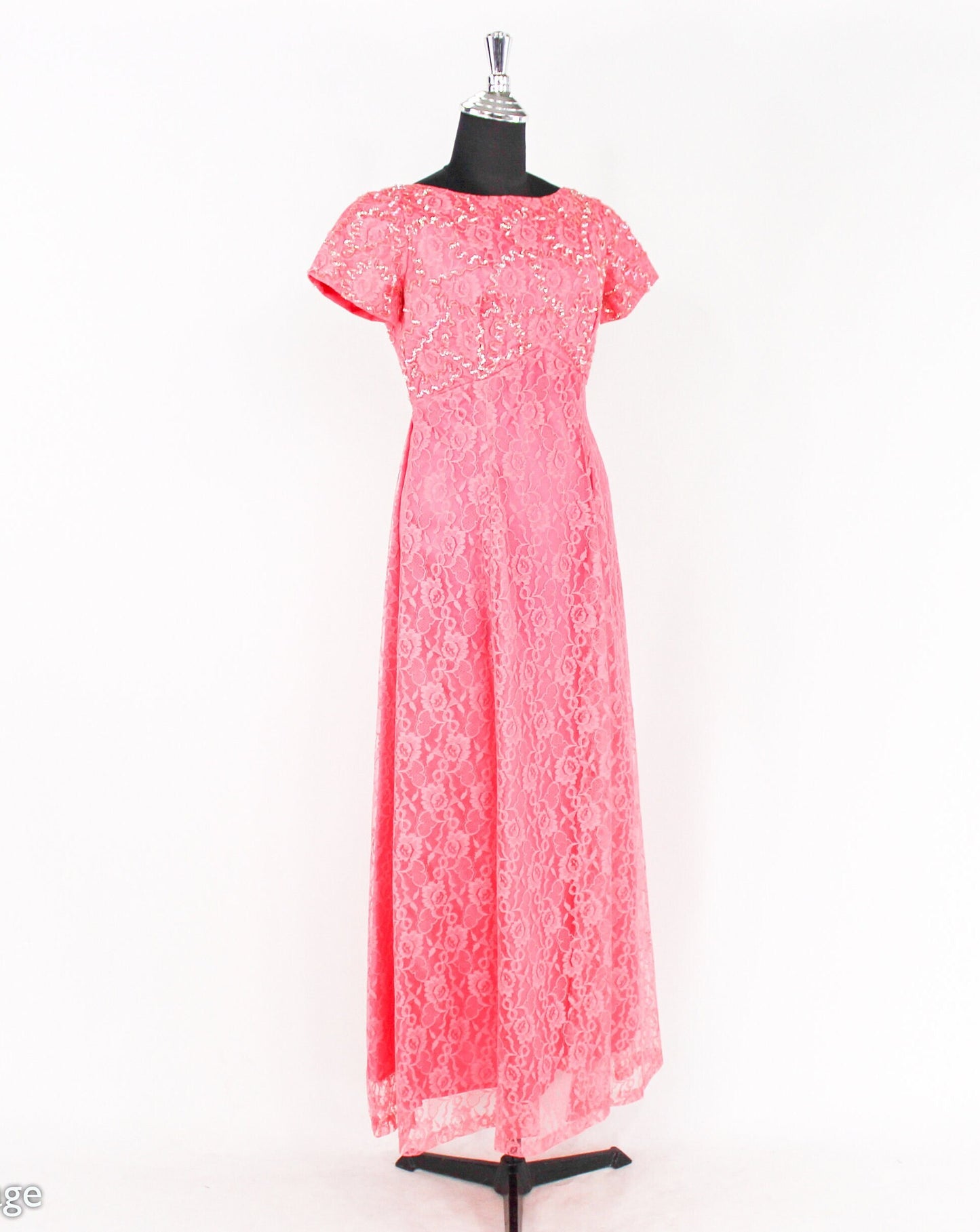 1950s Pink Lace & Sequin Formal Evening Dress, Medium