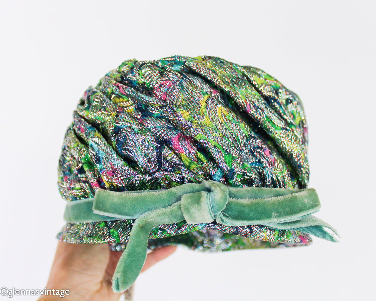 1960s Green Paisley Pillbox Hat | Metallic High Crown Turban