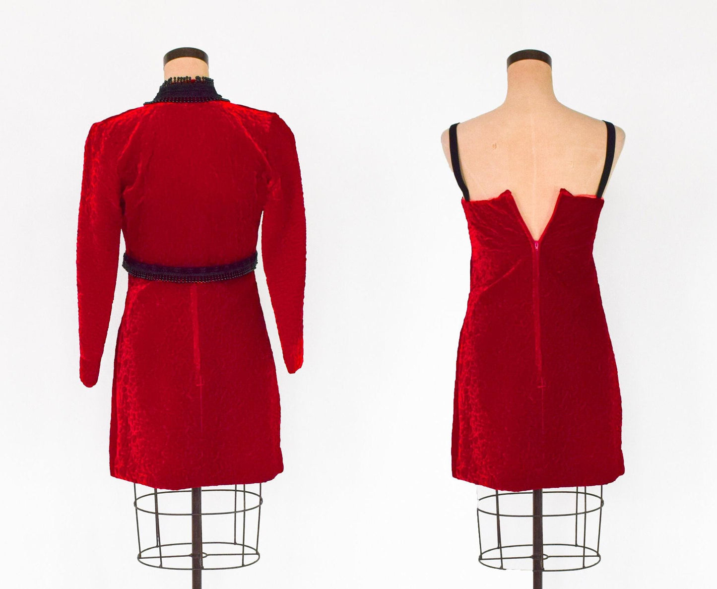 1960s Red Velvet Dress & Jacket | 60s Red Cotton Velvet Mini Dress Jacket | Small