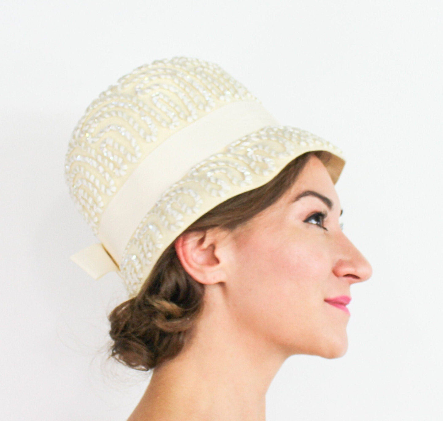 1960s Creme White Sequin Wool Felt Bucket Hat