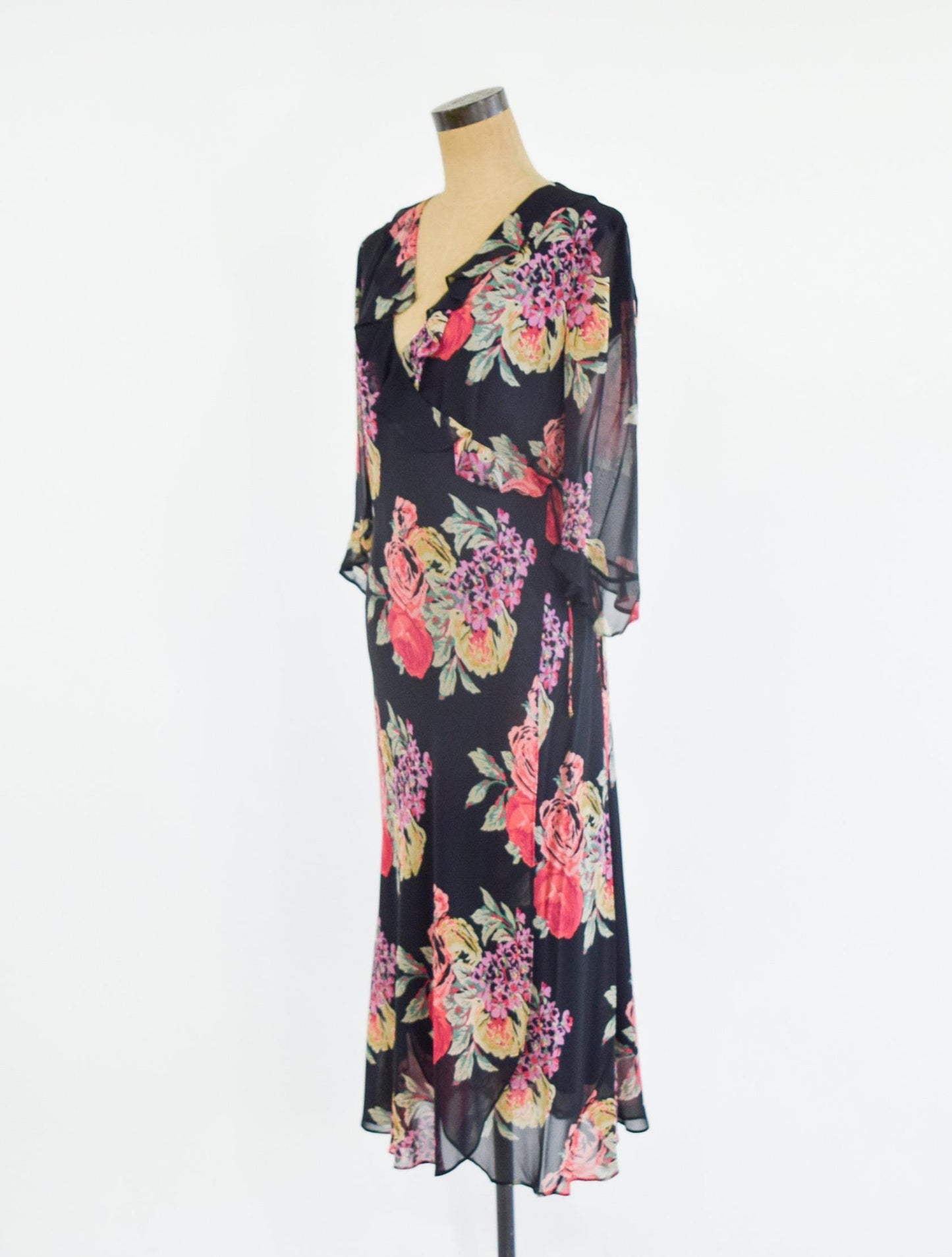 2000s Black Floral Wrap Dress, Ralph Lauren Size 8