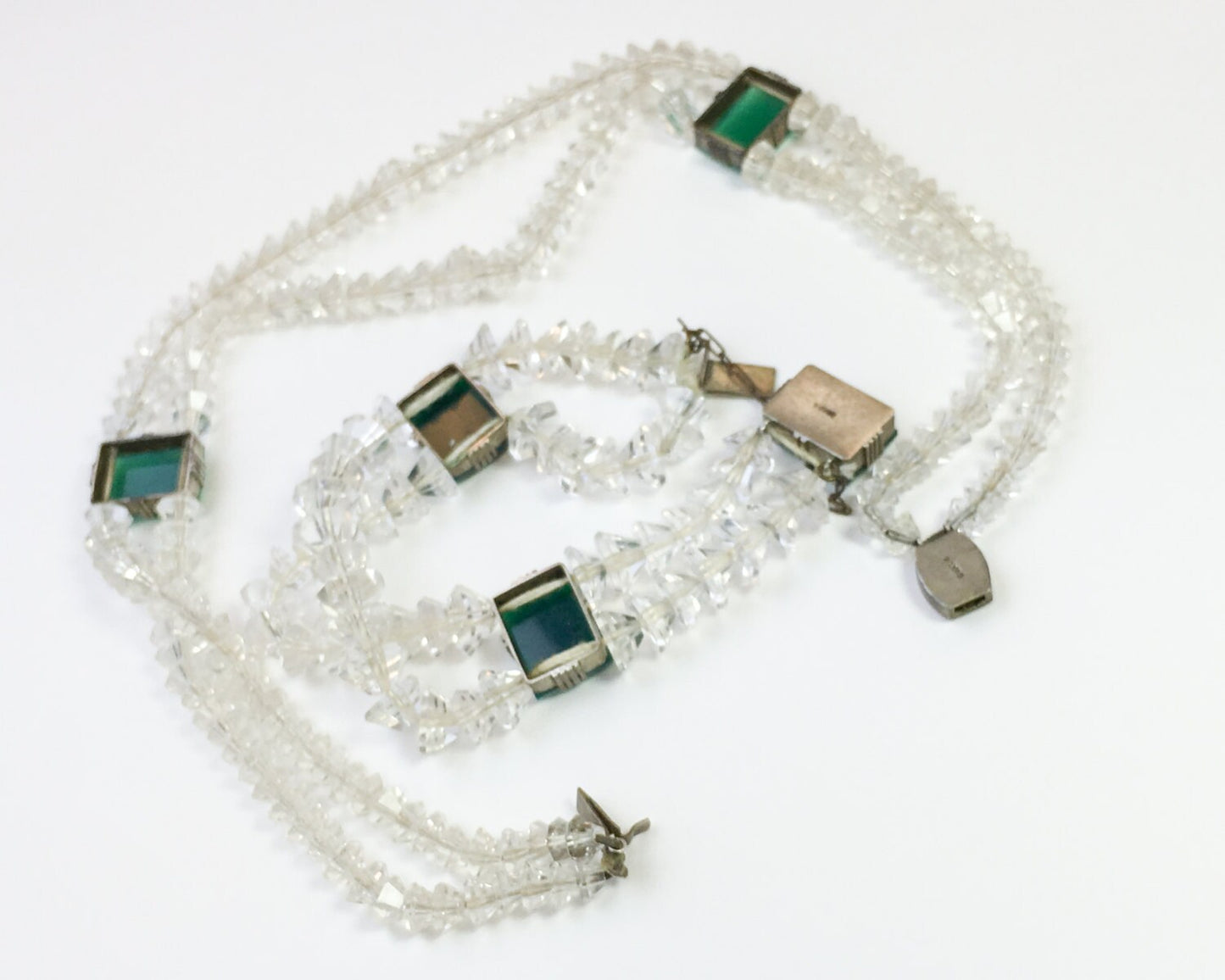 1930s Glass Crystal Necklace Bracelet Set, Green Glass & Sterling Silver Clasp
