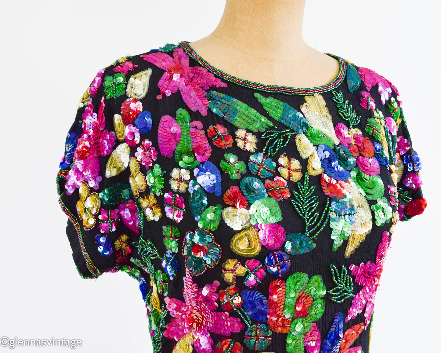 1980s Colorful Floral Sequin Party Dress, Small