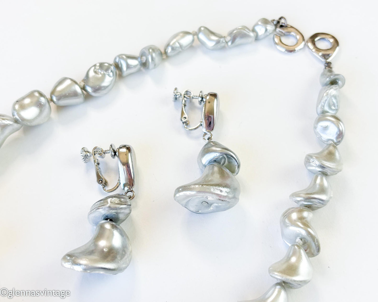 1950s Vintage Les Bernard Gray Faux Pearl Necklace and Earrings Set