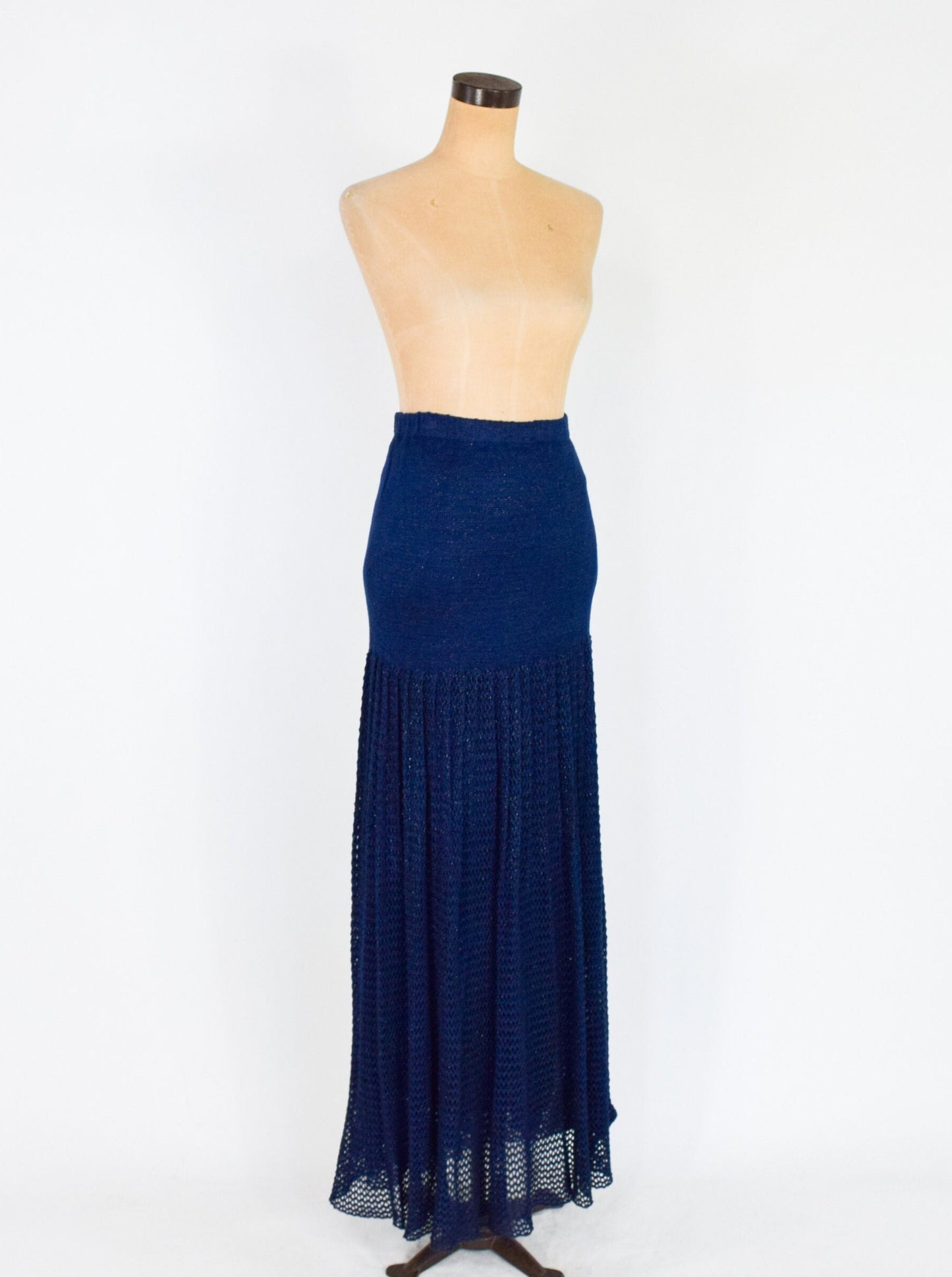 1980s Metallic Navy Knit Strapless Maxi Dress. Medium