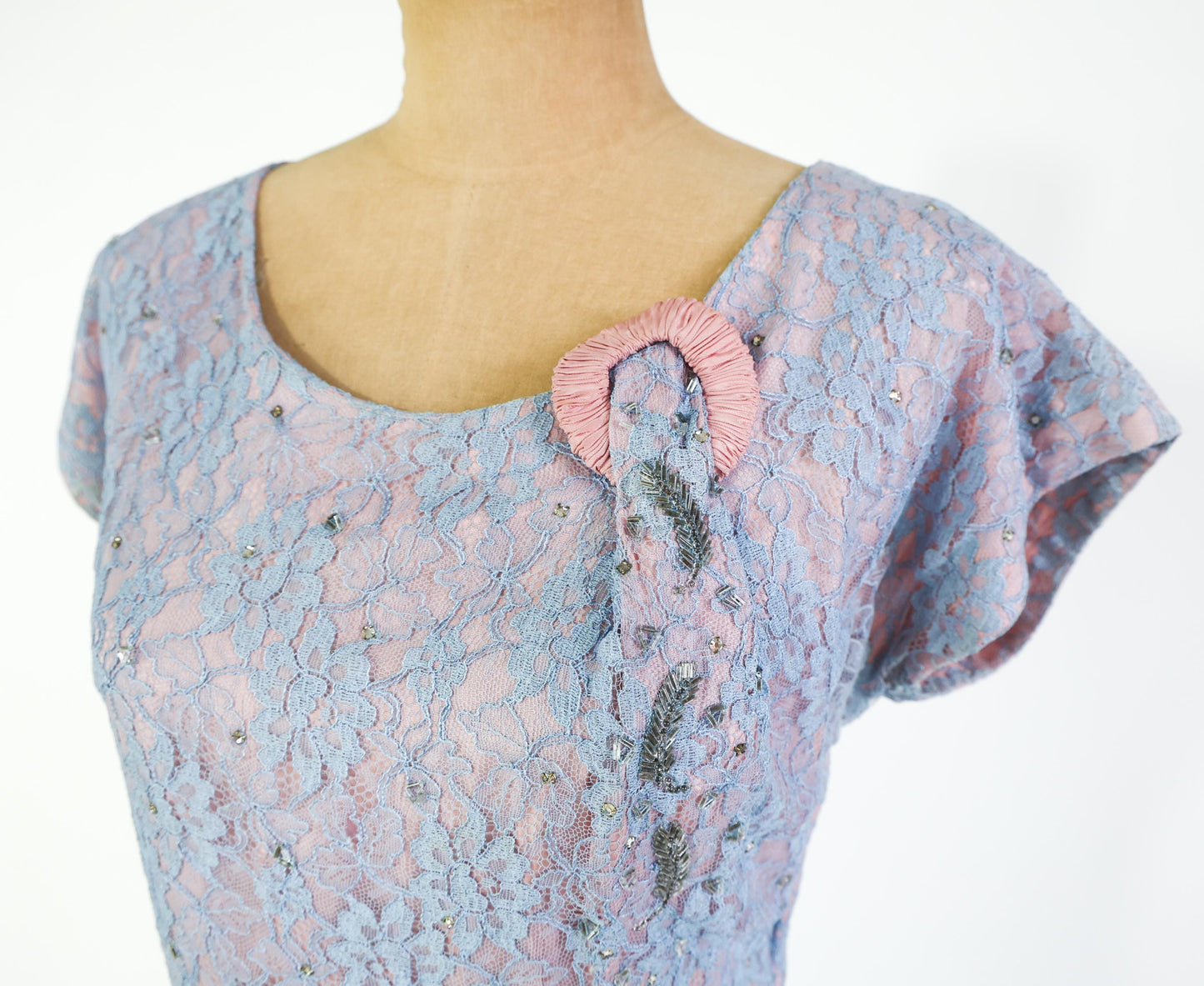 1940s Lavender & Blue Lace Cocktail Dress, 34" Waist