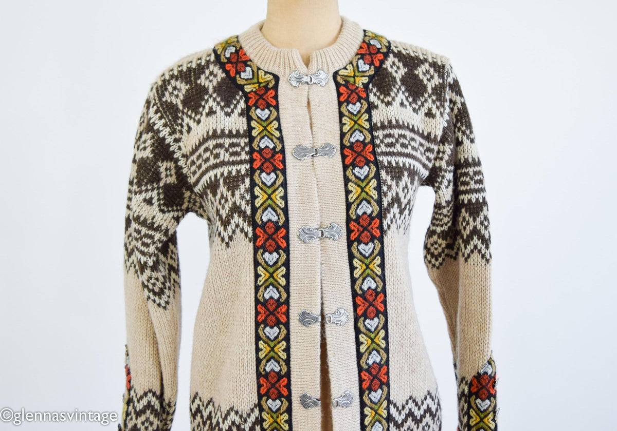 1950s Nordic Brown Pattern Virgin Wool Cardigan, Medium
