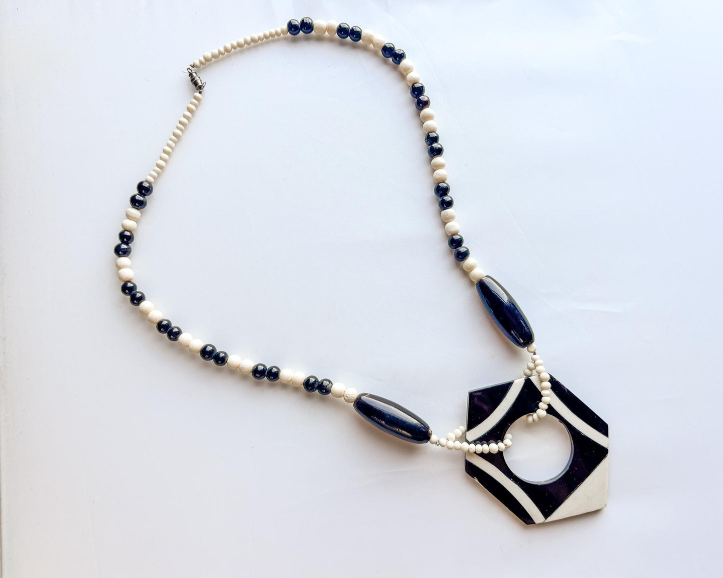 1970s Op Art Necklace | Black & White Wood Bead Plastic Pendant