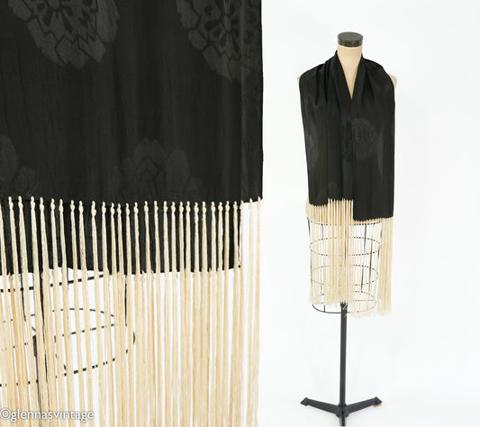 1920s Black Silk Scarf with Long Creme Fringe