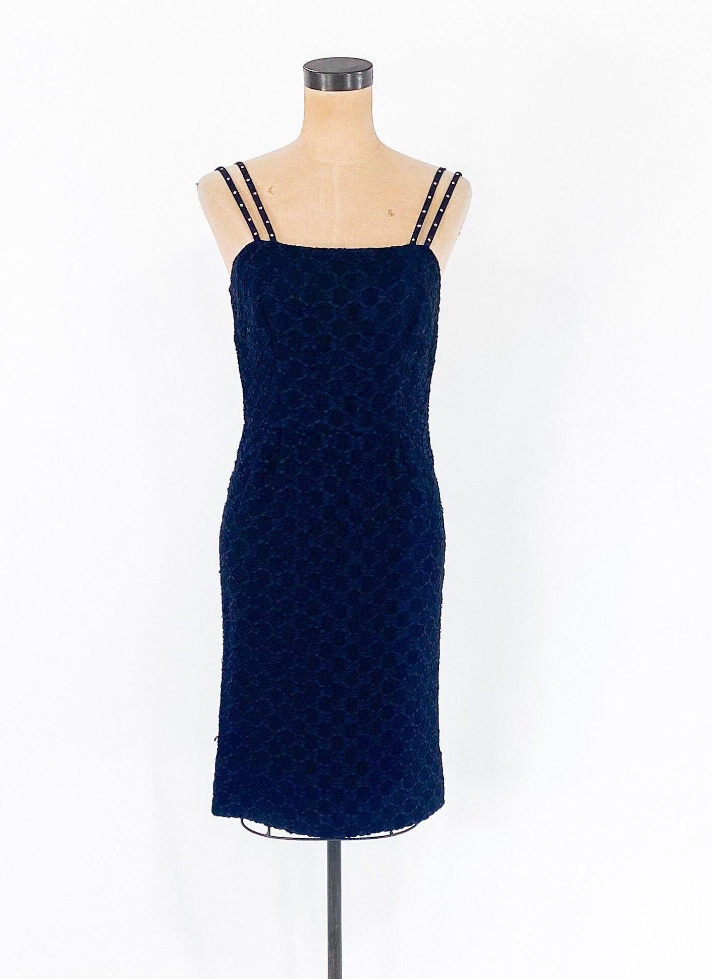 1950s Black Ribbon Lace Party Dress | 50s Black Spaghetti Strap Sheath | Black Wiggle Dress | Small