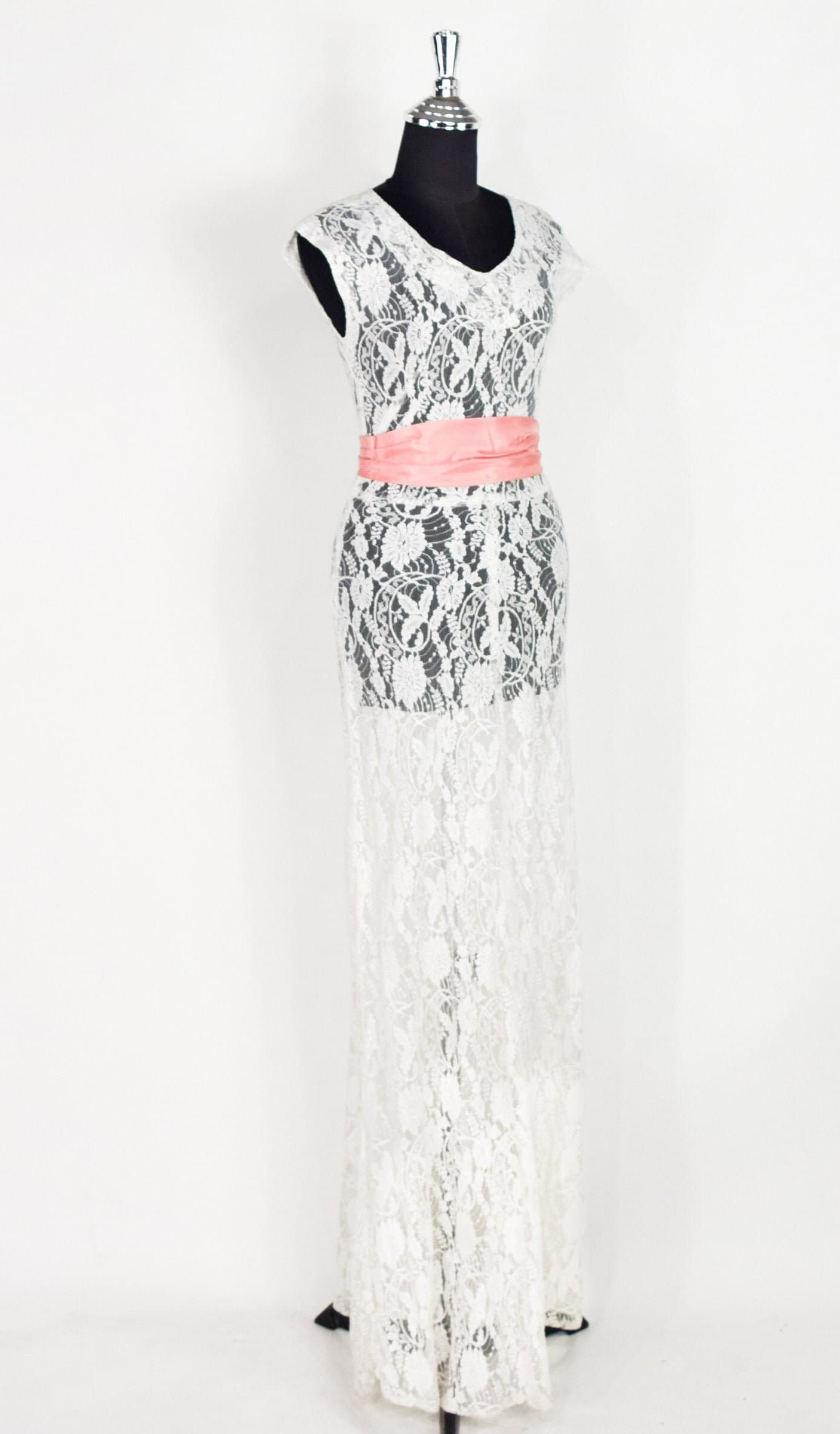 1930s White Lace Gown & Gloves, Garden Party Dress, Extra Small