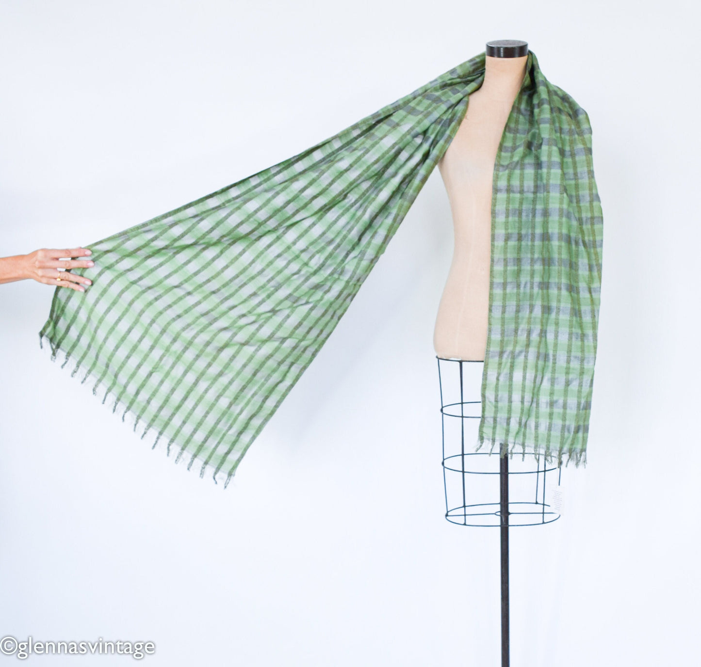 1980s Green Plaid Silk Cotton Scarf, Hand Woven in India