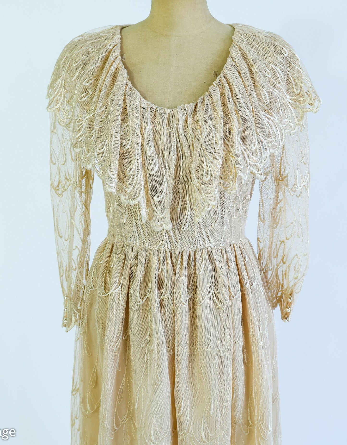 1980s Beige Lace Party Dress | Ruffled Portrait Collar, Medium