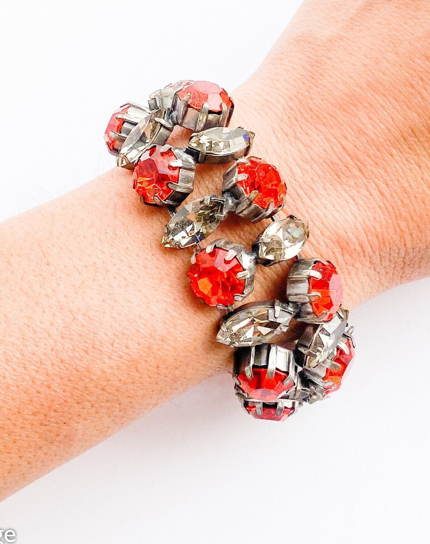 1940s Orange Rhinestone Bracelet | 40s Orange Evening Bracelet | Orange & Smokey Gray Rhinestones Bracelet | Old Hollywood