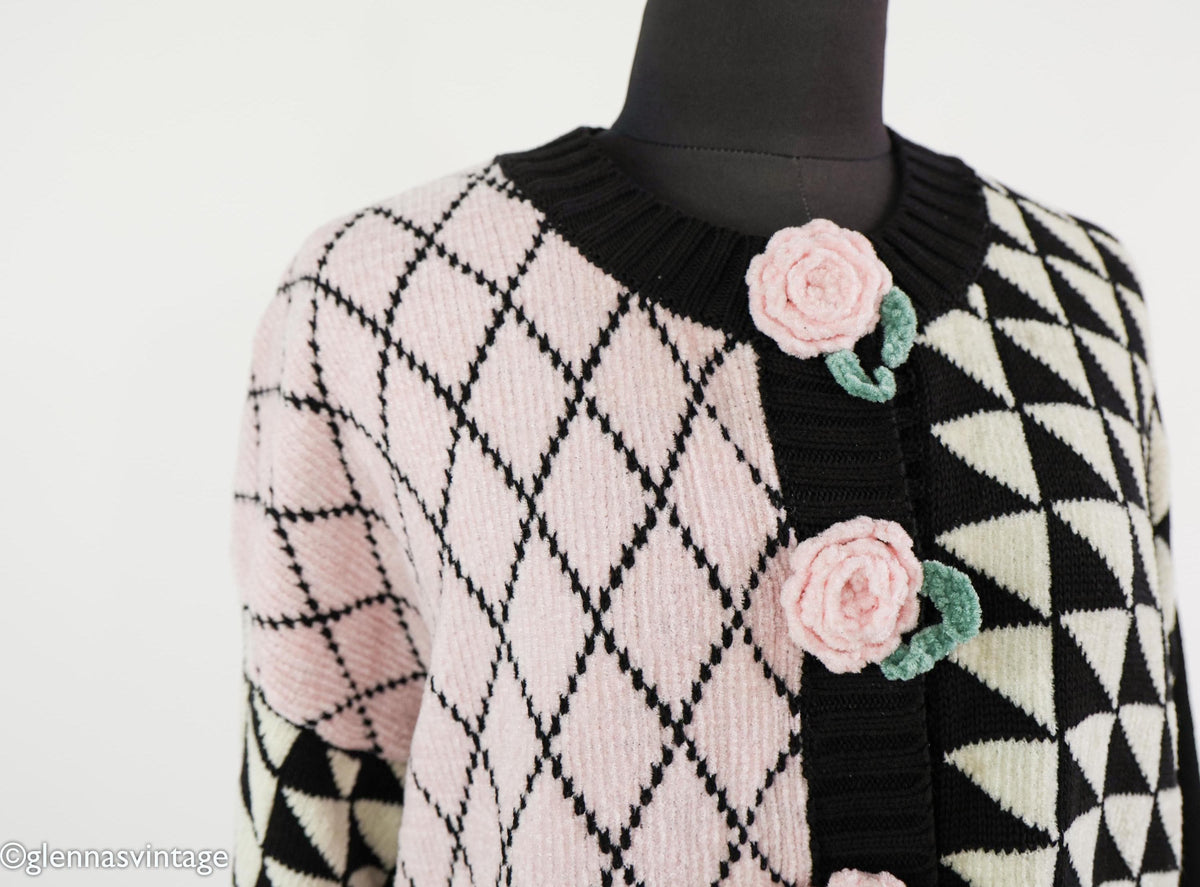 1980s Pink Black Geometric Chenille Cardigan, Large