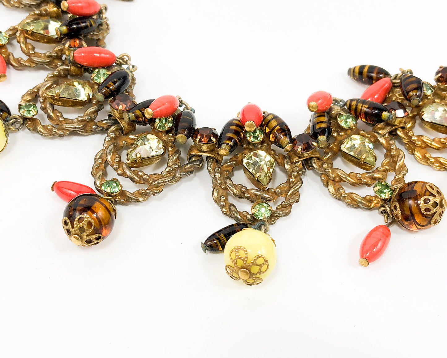 1940s Gold Rhinestone & Art Glass Necklace | 40s Gold Statement Necklace | Orange Yellow Glass Choker