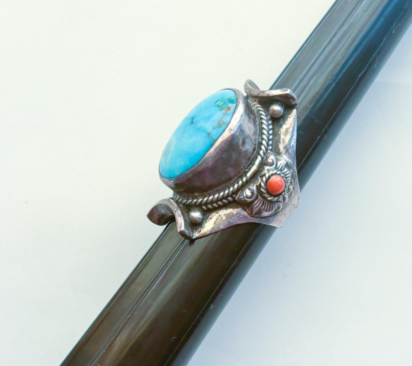 1940s Sterling Silver Turquoise Ring, Statement Large Silver Setting, Size 9