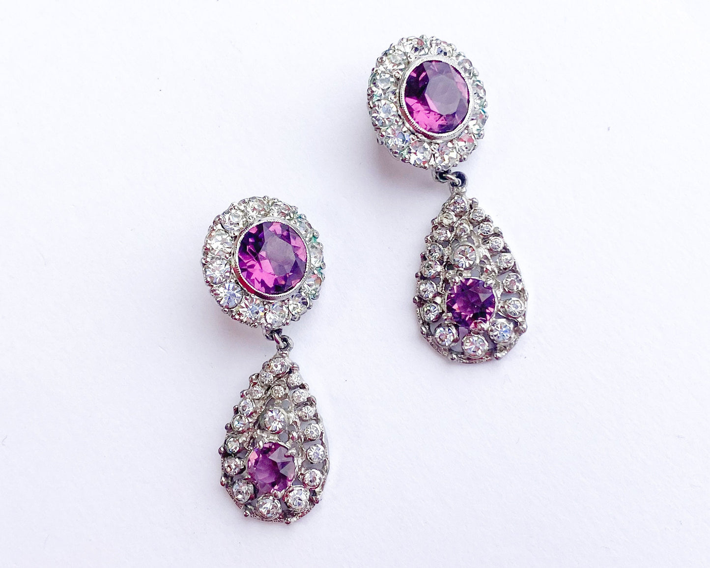 1960s Purple Rhinestone Dangle Earrings | 60s Purple & Rhinestone Drop Earrings