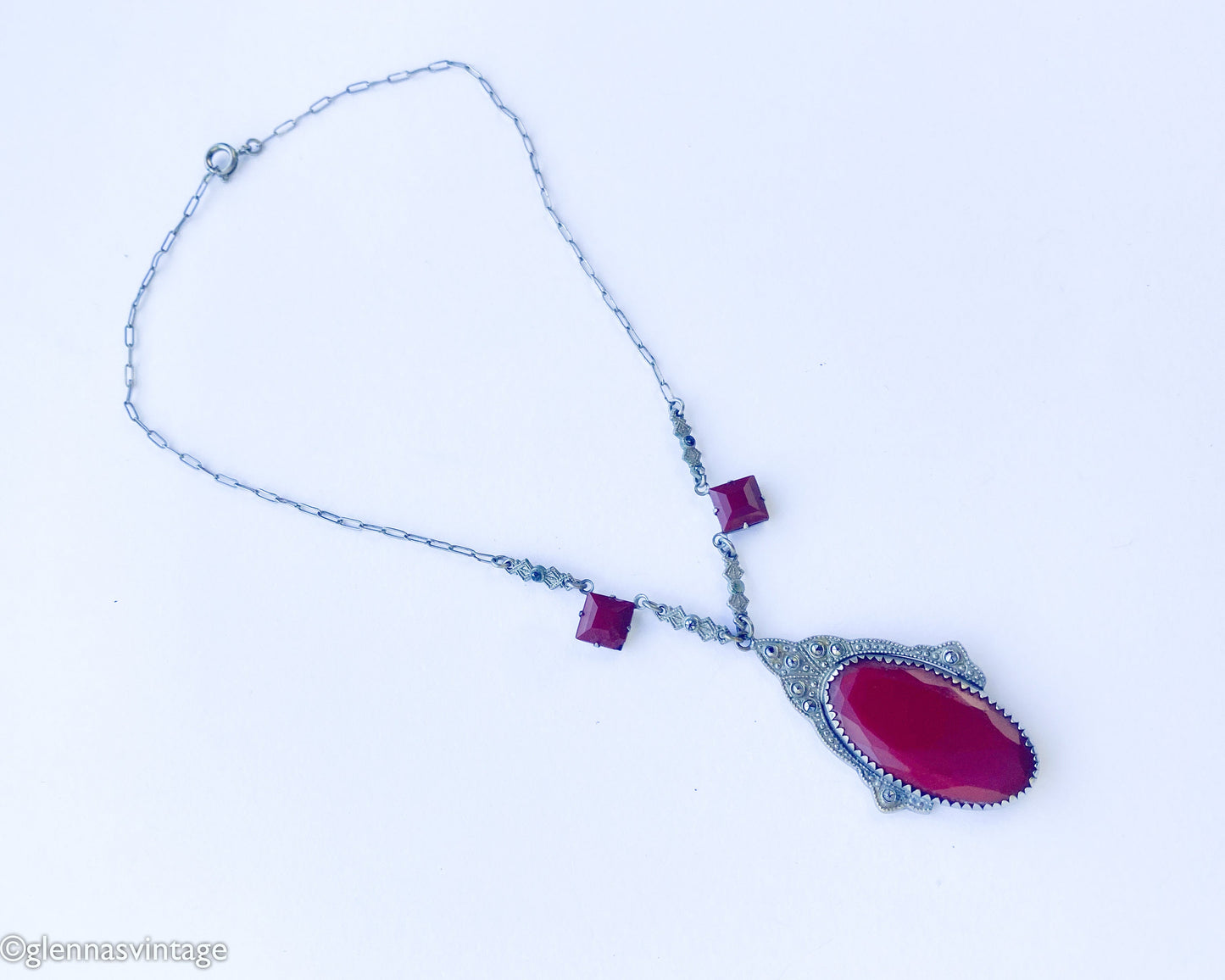 1920s Art Deco Red  Necklace | Red Faceted Glass Pendant
