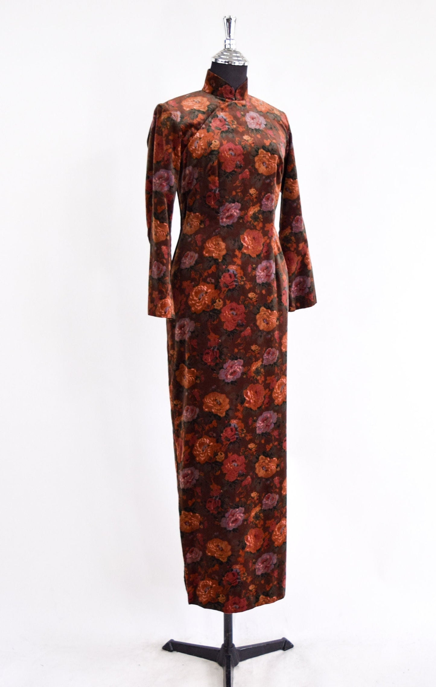 1950s Brown Floral Velvet Cheongsam Dress, Small