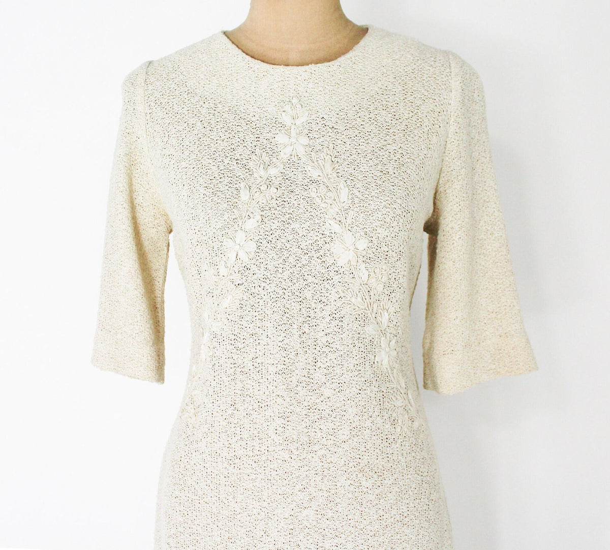 1960s Creme Knit Dress | Beige Nubby Knit Shift, Medium
