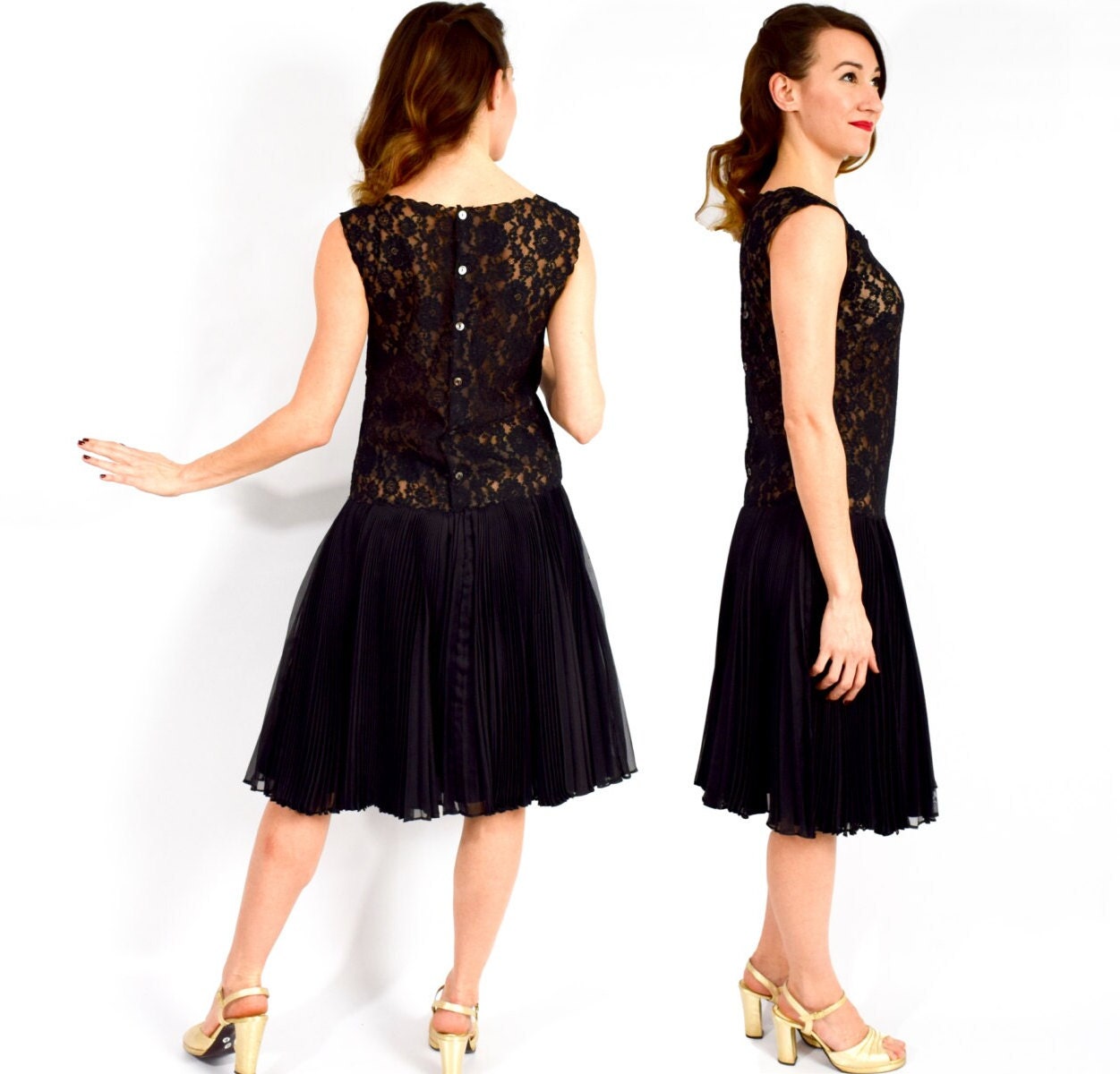 1950s Black Lace Party Dress | 50s Black Sleeveless Drop Waist Cocktail Dress | Blouse de Jour by Saab | Small