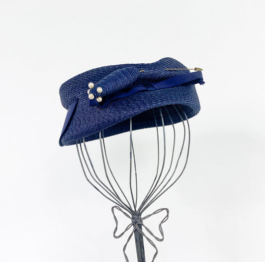 1950s Navy Raffia Pillbox Hat