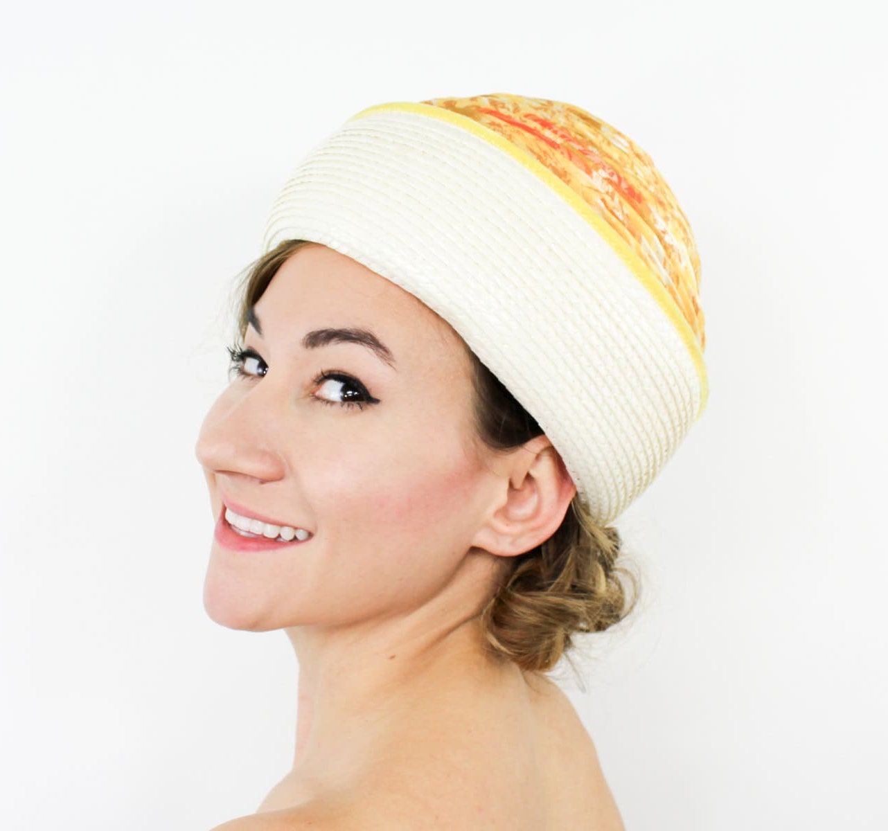 1960s Orange & White Silk Turban Hat